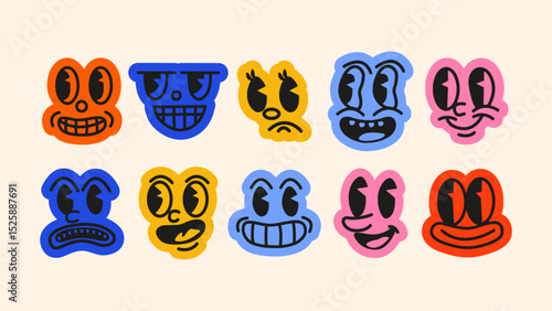 Cartoon face stickers – Y2K abstract mascots- Collection of bold, abstract cartoon faces with expressive emotions — happy, goofy, confused, and more. Y2K-inspired design for playful sticker packs.