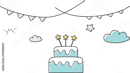 Illustration of a two tiered cake with star toppers under a banner with clouds and a star drawing