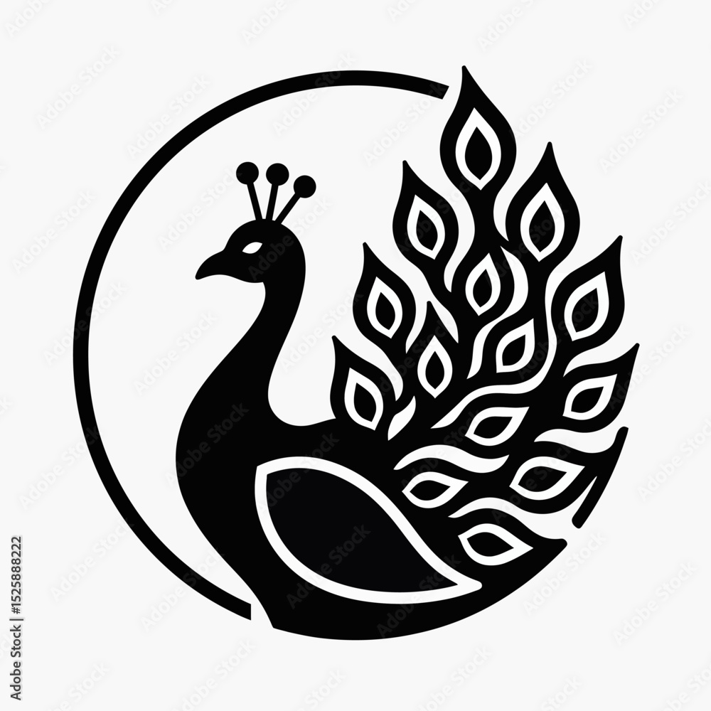 An elegant black silhouette of a peacock in a circular frame, a minimalist and modern vector logo for a luxury brand, spa, beauty salon, or wellness company.
An elegant black silhouette of a peacock in a circular frame, a minimalist and modern vector logo for a luxury brand, spa, beauty salon, or wellness company.