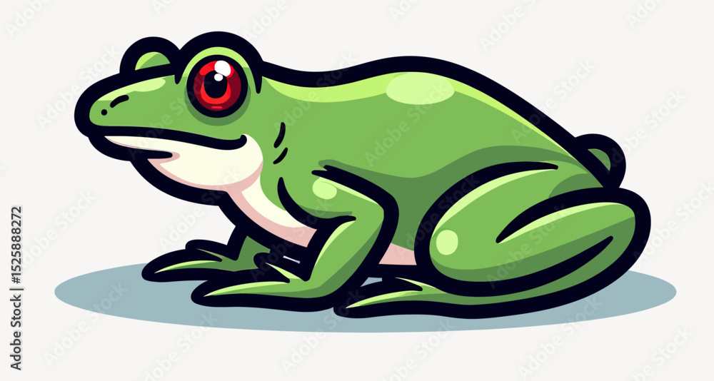 Naklejka premium A vibrant cartoon mascot of a green frog with a striking red eye, a simple and friendly vector illustration perfect for gaming logos or nature-themed branding.