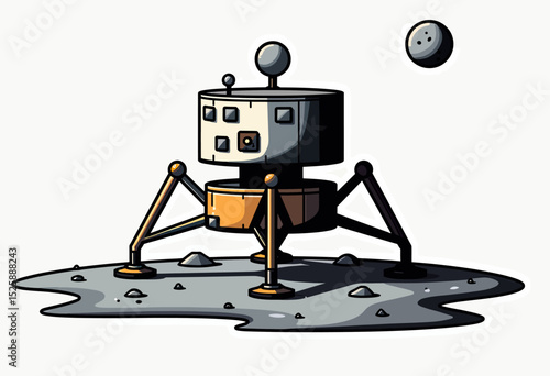A fun cartoon illustration of a lunar lander on the moon's surface, a simple vector graphic for children's educational books, sci-fi themes, or space exploration branding.
