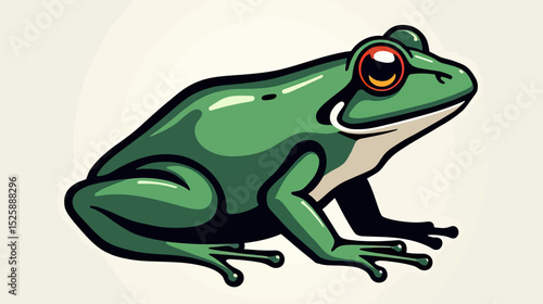 A detailed, stylized illustration of a green tree frog with striking red eyes, a modern vector mascot for nature conservation or educational branding.
