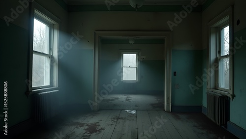 Eerie light streams into a derelict building  illuminating a ghostly  decaying interior space.