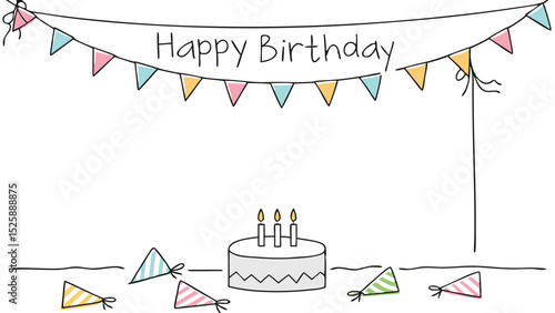A birthday celebration with a cake candles party hats and colorful flag banner saying happy birthday text