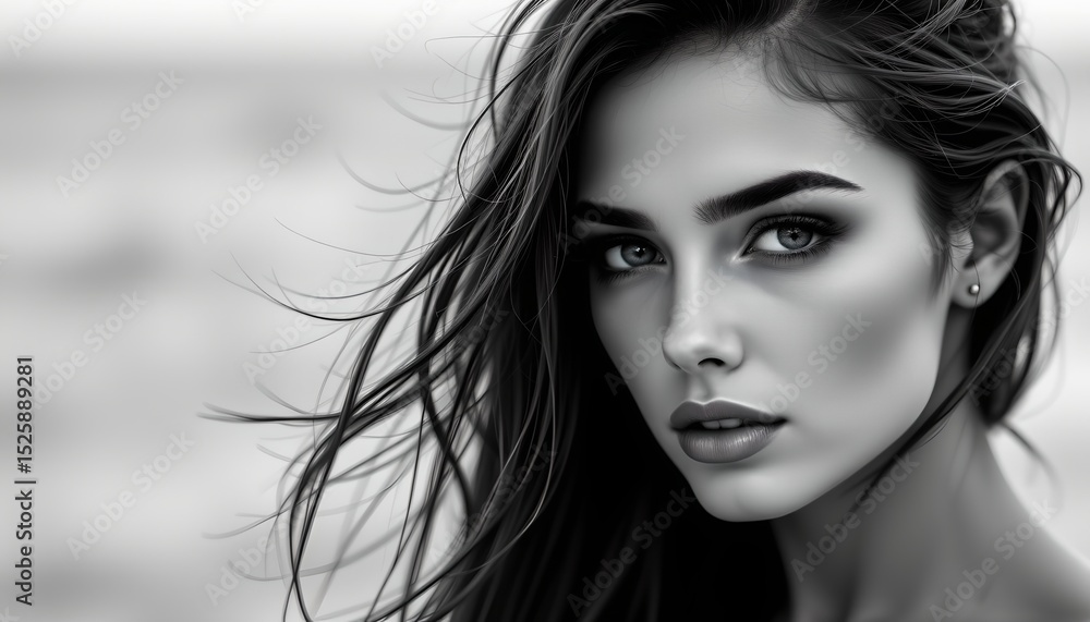 Naklejka premium a close up of a woman's face is captured within a geometric grid pattern, emphasizing her features against the blurred background. her eyes are focused, and she has a subtle expression