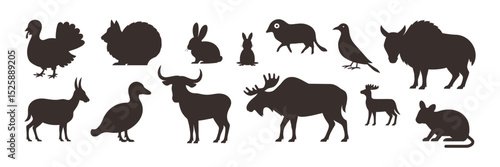 Vector illustrations set of wild tundra and taiga animals, including arctic hairy mammals and bird silhouettes

