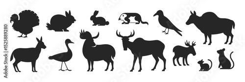 Vector illustrations set of wild tundra and taiga animals, including arctic hairy mammals and bird silhouettes

