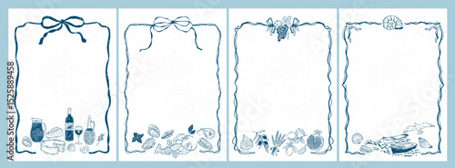Hand-drawn illustration with a decorative wavy frame, ribbon, and Mediterranean food elements such as cheese, wine, mussels, vegetables, fruits, shells, and marine motifs. Suitable for menu design