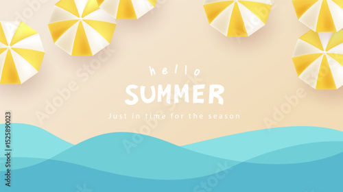 Top view beach background with yellow umbrellas and ocean waves under soft pastel tones. Ideal for summer designs and vacation promotions.