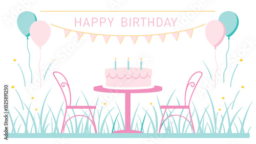 A birthday celebration scene with cake on a table, chairs, balloons, and a happy birthday banner decoratively arranged