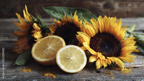 Fresh sunflowers and citrus slices on a rustic wooden table, radiating summer...