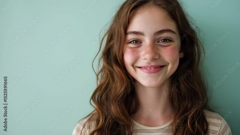 A portrait of a beautiful young woman with auburn hair, set against a teal background. A portrait of a beautiful young woman with auburn hair, set against a teal background.