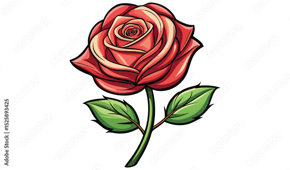Single red rose with green leaves illustration Single red rose with green leaves illustration