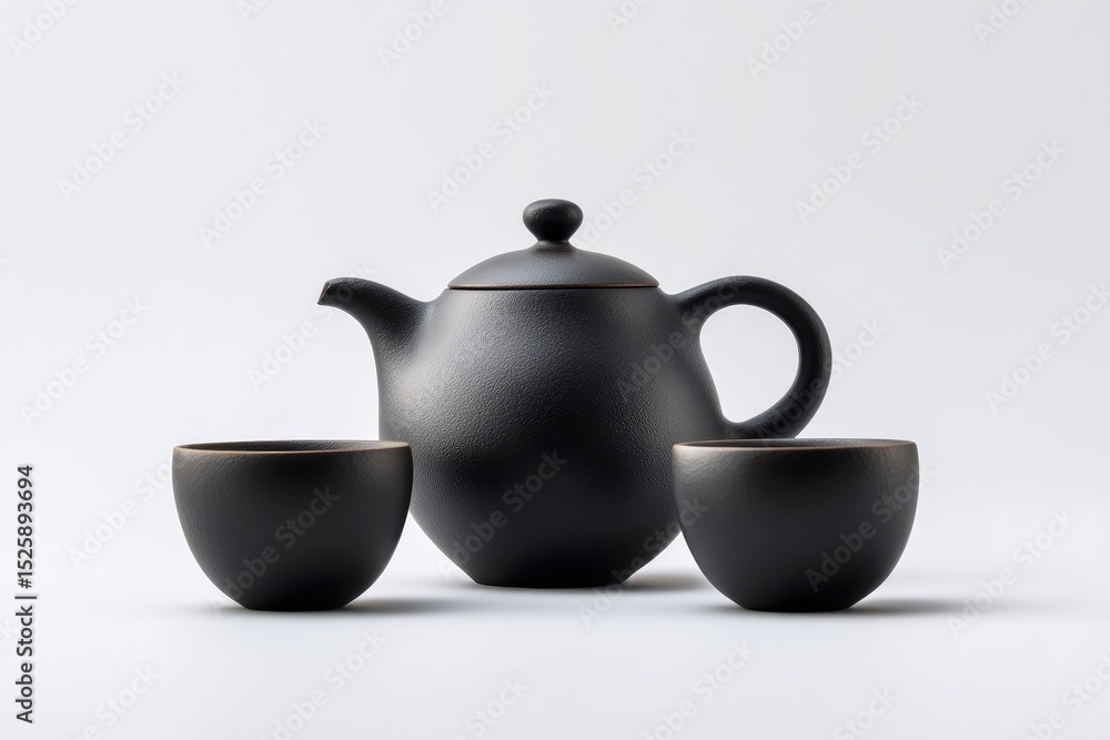 A black ceramic tea set on a plain background. A black ceramic tea set on a plain background.