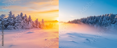Snowy winter landscape at sunrise, split view showing warm and cool tones