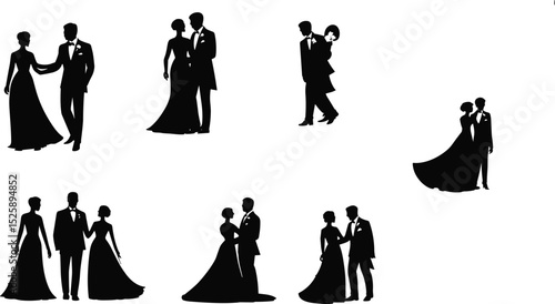 Wedding couple silhouette, bride and groom vector, romantic pose illustration, elegant dress design, marriage celebration, formal love concept icon
