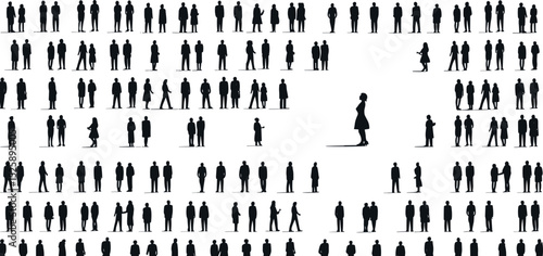 Silhouette crowd illustration, people standing, social distance concept, group isolation vector, central woman figure, minimal design, black icon group