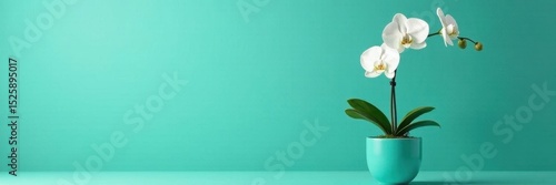 Pure white orchid in turquoise ceramic pot, turquoise backdrop , closeup, peaceful, simple