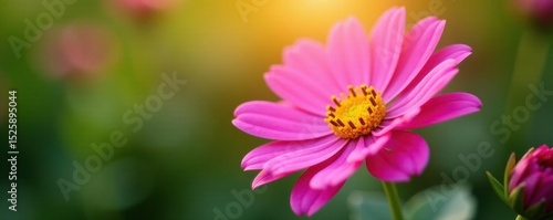 Single pink flower, sunny yellow heart Close-up view , yellow center, design