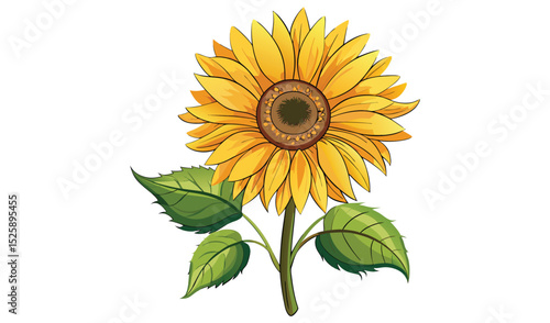 Vibrant single sunflower with green leaves illustration