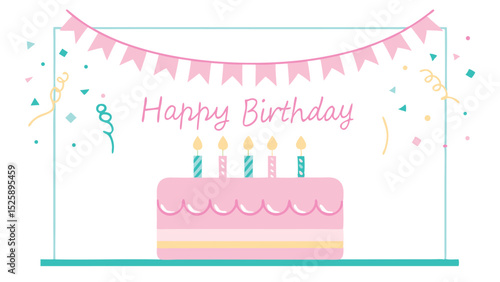 A pastel birthday celebration featuring a pink cake with candles, a banner, confetti, and a teal frame design