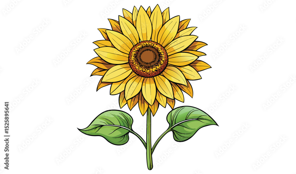 Naklejka premium Vibrant single sunflower with green leaves illustration