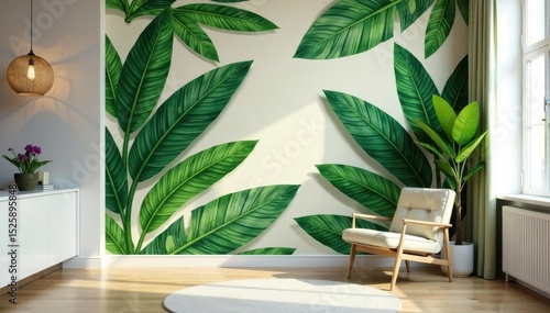 Soft hued banana leaf wall covering Tropical plant mural, subtle colors, calming interior design , pink, print, pattern