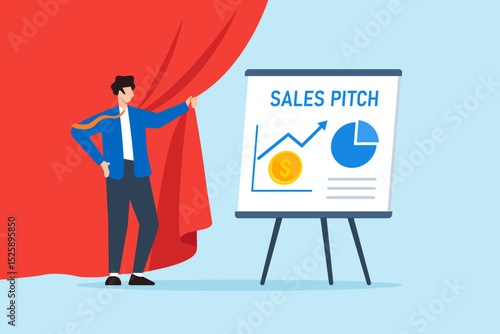 Flat illustration of confident businessman unveiling red curtain to reveal sales pitch presentation on whiteboard with charts and coin icon