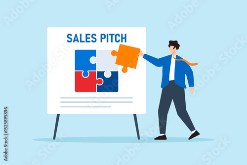 Flat illustration of confident businessman fitting final puzzle piece on whiteboard jigsaw to complete sales pitch strategy