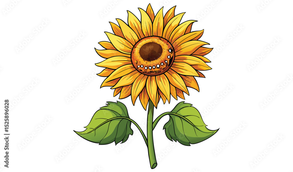 Fototapeta premium Vibrant single sunflower with green leaves illustration
