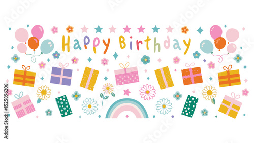 Illustration of happy birthday message with gifts balloons flowers stars and rainbow on a white background