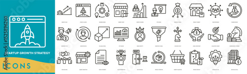 Startup Growth Strategy icon set. Growth Plan, Startup Launch, Business Model, Market Entry, Growth Hacking, Pitch Deck, Revenue Stream and Product Market