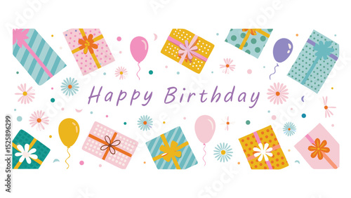 Happy birthday greeting card with colorful gift boxes balloons and flowers scattered on a white background