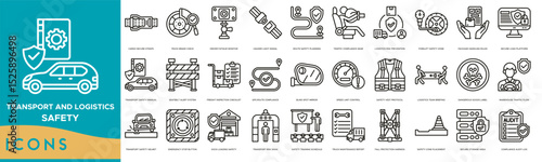 Transport and Logistics Safety Icon set. Cargo Secure Straps, Truck Brake Check, Driver Fatigue Monitor, Hazard Light Signal, Route Safety Planning, Traffic Compliance Gear, Logistics Risk Prevention