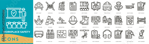 Workplace Safety Icon set. Safety Helmet, Warning Sign, Fire Extinguisher, Emergency Exit, Safety Training, First Aid, Protective Gear and Hazard Alert