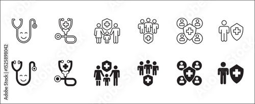 Healthcare icon set. Health insurance symbol. Doctor consultation apps icon. Icons set contains online doctor, hospital, medical consultant, medic, clinic, emergency call. Vector illustration