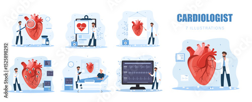 Cardiologist concept. Heart care. Cardiology and circulatory system treatment. Set of male doctors. Vector illustrations in flat cartoon style.