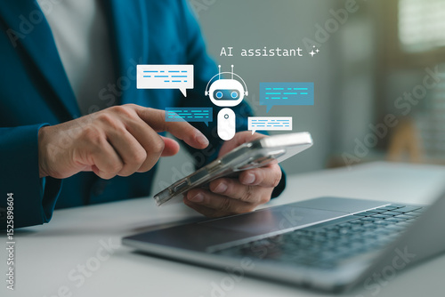 Obraz na płótnie AI assistant interaction, Person using smartphone chatbot powered by artificial intelligence. Virtual assistant apps, smart support systems, machine learning, digital communication concepts.