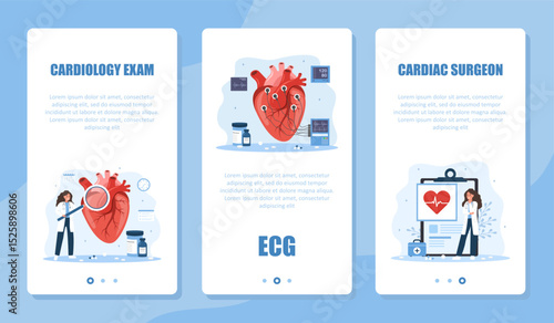 Cardiology banner set. Heart exam and treatment. Female cardiologist make diagnosis and choose therapy. ECG concept. Vector illustration in flat cartoon style. Prevention of heart diseases.