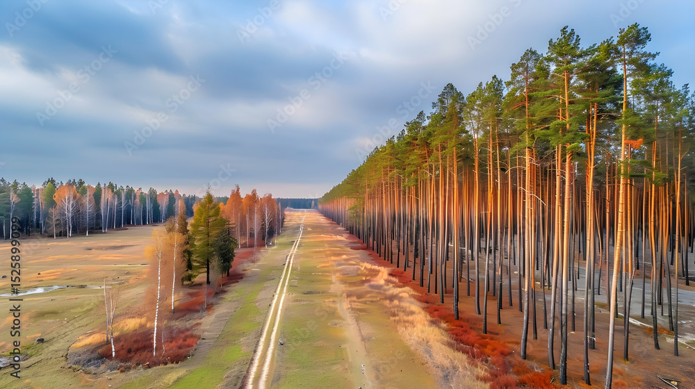 Fototapeta premium Aerial view a dirt road cutting through a serene autumnal pine forest, bathed warm sunlight.