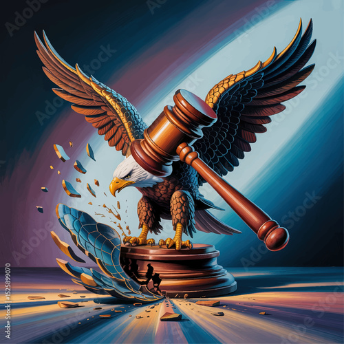 Majestic Bald Eagle with Judge’s Gavel Breaking Shield – Symbol of American Justice, Law, and Power Concept Art