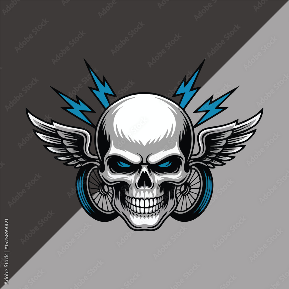 Clean vector logo of a stylized skull head with lightning bolts and winged wheels, flat design, modern motorcycle club aesthetic Clean vector logo of a stylized skull head with lightning bolts and winged wheels, flat design, modern motorcycle club aesthetic