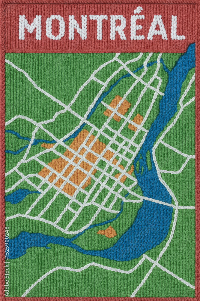 Obraz premium Colorful knitted map of montreal showing streets and waterways