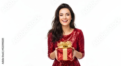 Smiling woman in red sequin dress holding a wrapped gift with gold ribbon