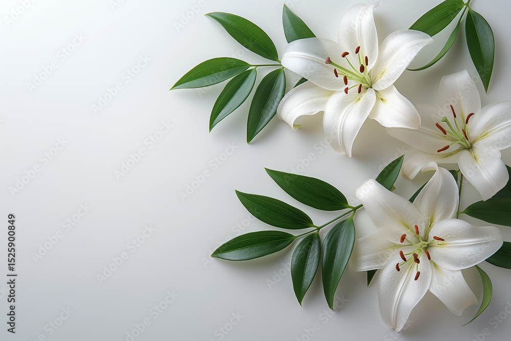 Fototapeta premium Elegant white lilies and green leaves arrangement on soft background