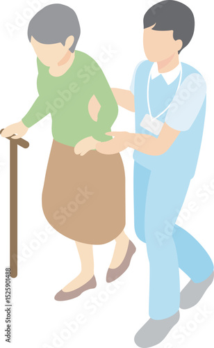 アイソメトリック　介護　福祉　医療　人物　男性　女性　看護師　介護福祉士　シニア　高齢者　イラスト