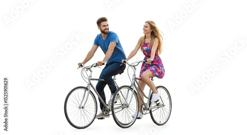 A smiling couple riding bicycles together on an isolated white background