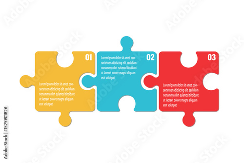 Horizontal chart with 3 connected puzzle pieces. Infographic design template on white background.