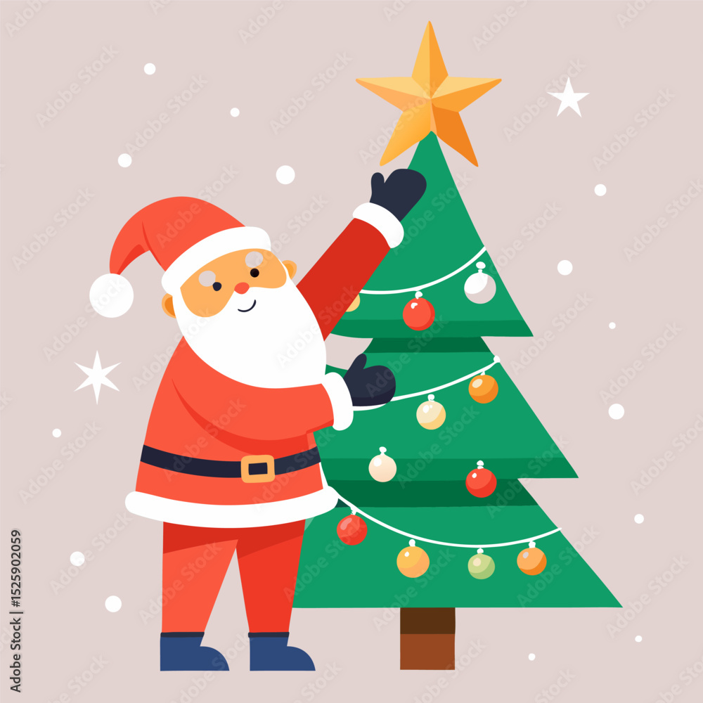Fototapeta premium santa-placing-a-star-on-top-of-a-decorated-christmas