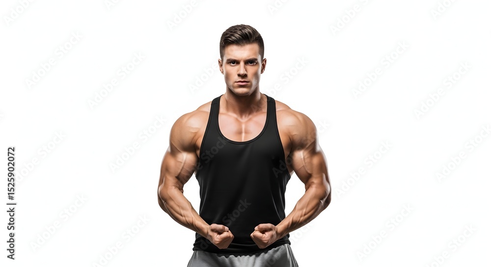 Fototapeta premium A muscular man in a black tank top flexing his biceps against white background